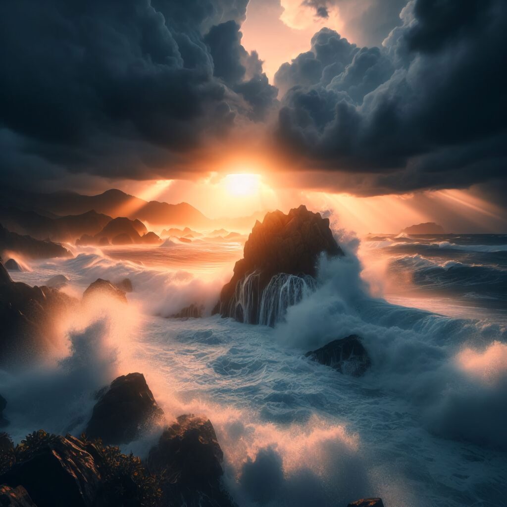 Creami un'immagine naturalistica, fotografica 4k, un mare agitato con altissime e potenti onde che si abbattono su una grande roccia illuminata dal sole del tramonto. Il cielo è burrascoso ma il sole riesce a fare capolino fra le nubi imponenti.